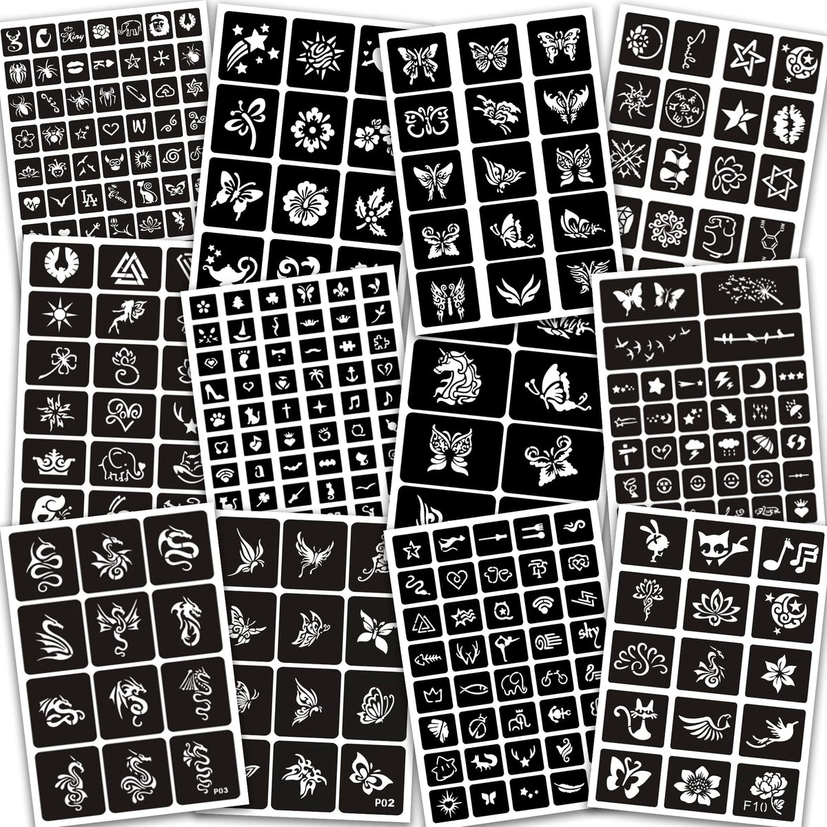12 Sheets Henna Tattoo Stencils Kit Reusable for Women Girls and Kids, 310+ PCS Tattoo Templates,Temporary Indian Arabian Glitter Airbrush Tattoo Stencils for Face Body Paint DIY