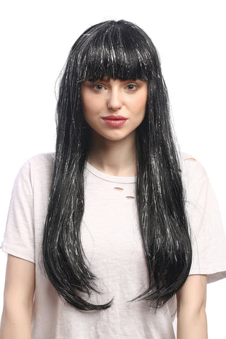 WIG ME UP - 90799-ZA103-silver Lady Party Wig Halloween Fancy Dress long black with silver strands bangs straight Sci-Fi Android Disco Doll 21inch