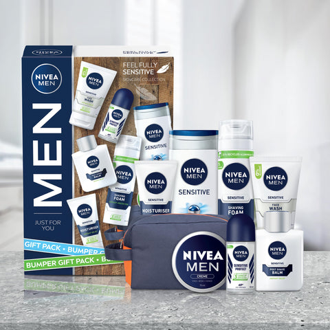 NIVEA MEN Feel Fully Sensitive Skincare Collection Bumper Gift Pack, with Shower Gel, Anti-Perspirant, Face Wash, Shaving Foam, Post Shave Balm and Moisturisers