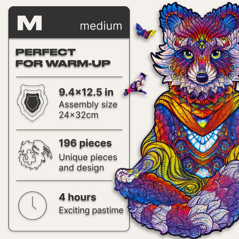 UNIDRAGON Wooden Jigsaw Puzzles - Emanating Raccoon, 196 pcs, Medium 9.4x12.5, Beautiful Gift Package, Unique Shape Best Gift for Adults and Kids