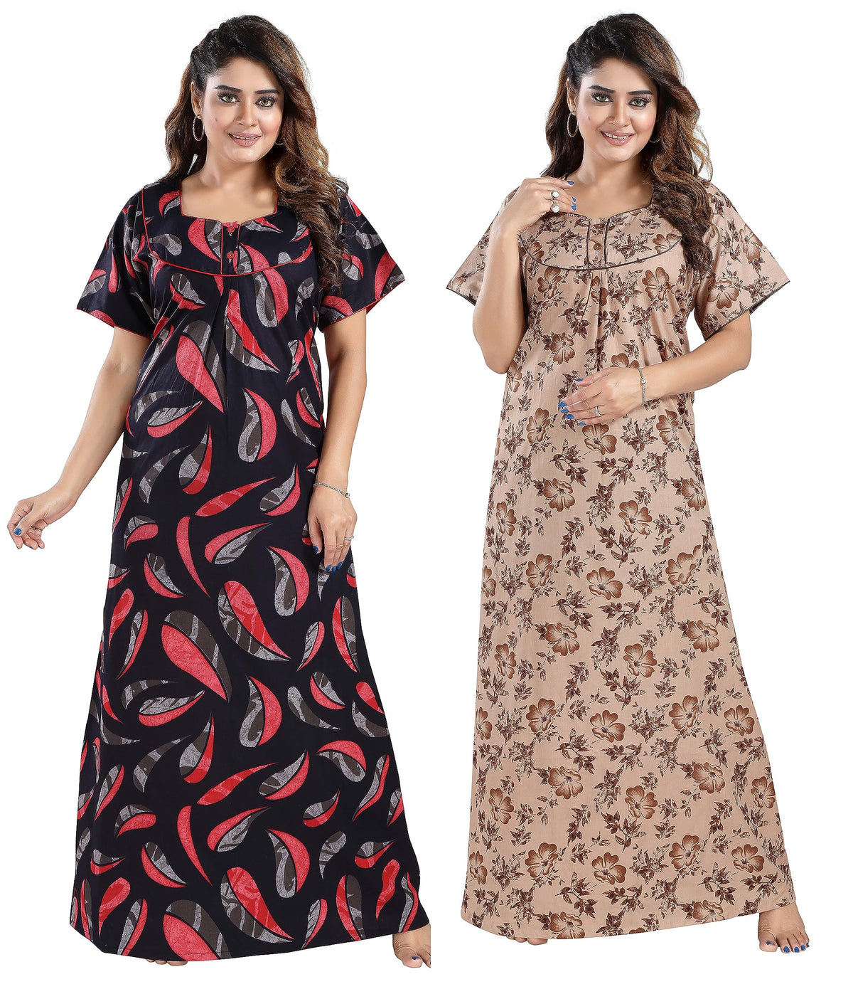 YKI Women &Girls Cotton Fabric Beautiful Print Maxi Nighty, Nightgown, Nightwear, Nightdress With Pocket (Pack Of 2) (X-Large (Bust Size 40") Length-54, Leaf-Red+Flr-Fawn-2508)