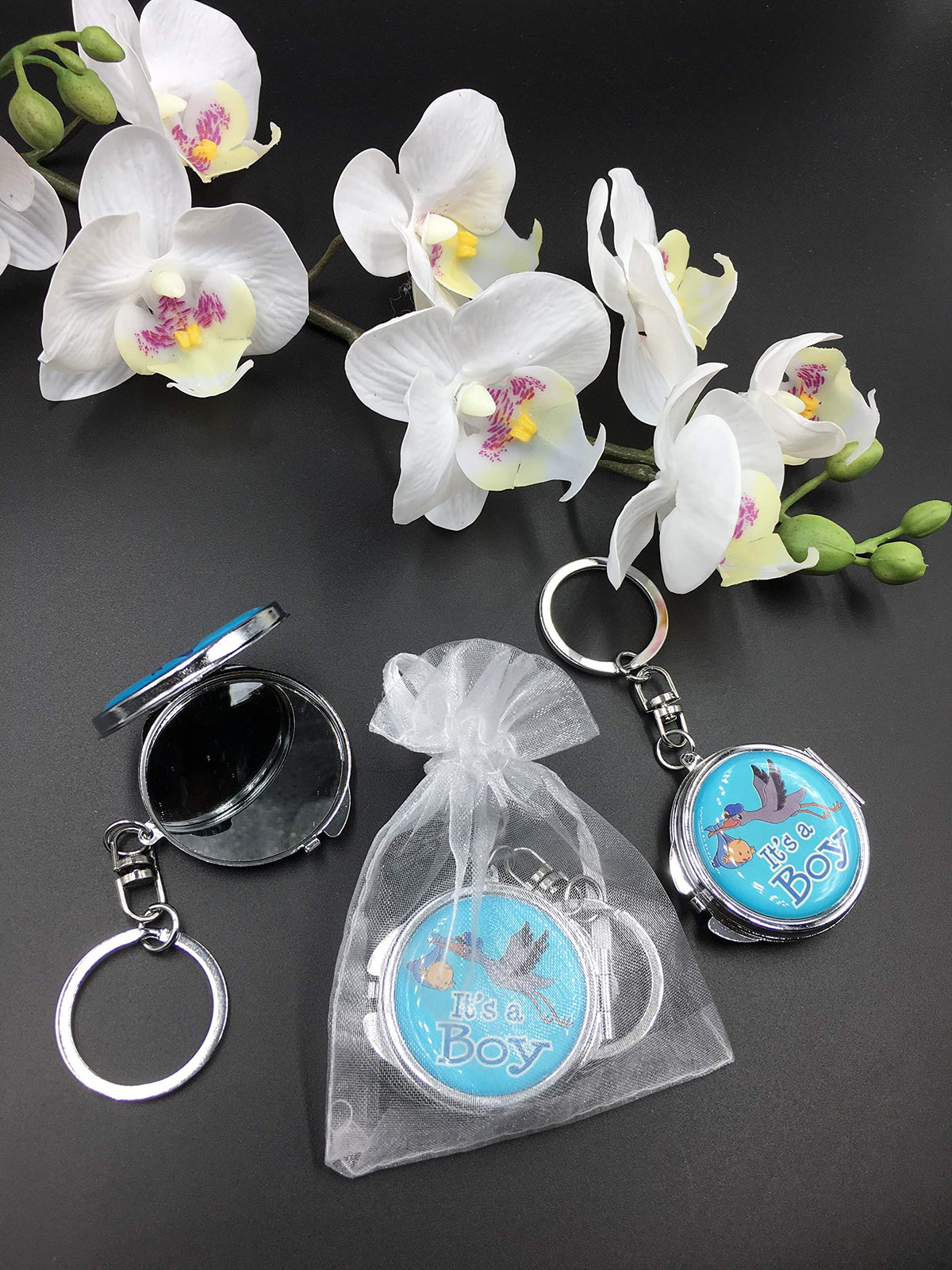 12 New Baby Shower Blue Boy Stork Design Mirror Keychain Party Favor Set With Organza Bag
