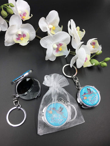 12 New Baby Shower Blue Boy Stork Design Mirror Keychain Party Favor Set With Organza Bag