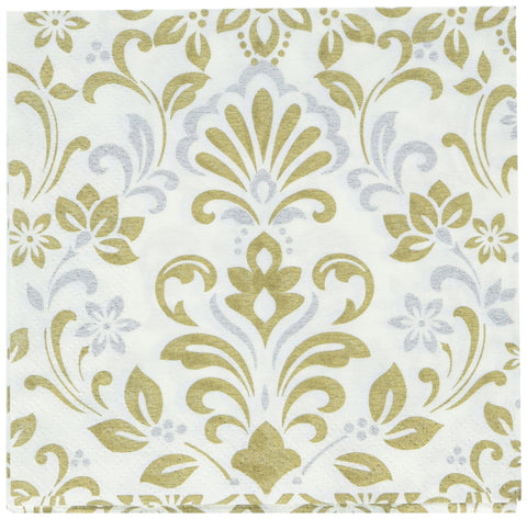 Amscan Durable Gold Damask Beverage Napkins Party (Pack of 16), Multicolor, 5" x 5"