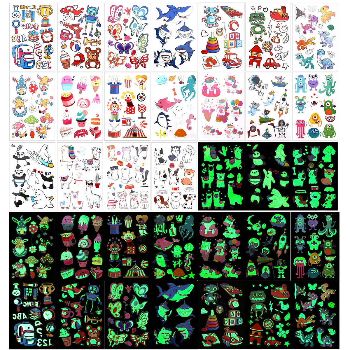 Temporary Tattoos for Kids, Konsait 197pcs Glow In The Dark Mixed Style Cartoon Tattoo, Luminous Butterfly Shark Monster Sweet Tattoos for Boys Girls Birthday Back to School Party Favors