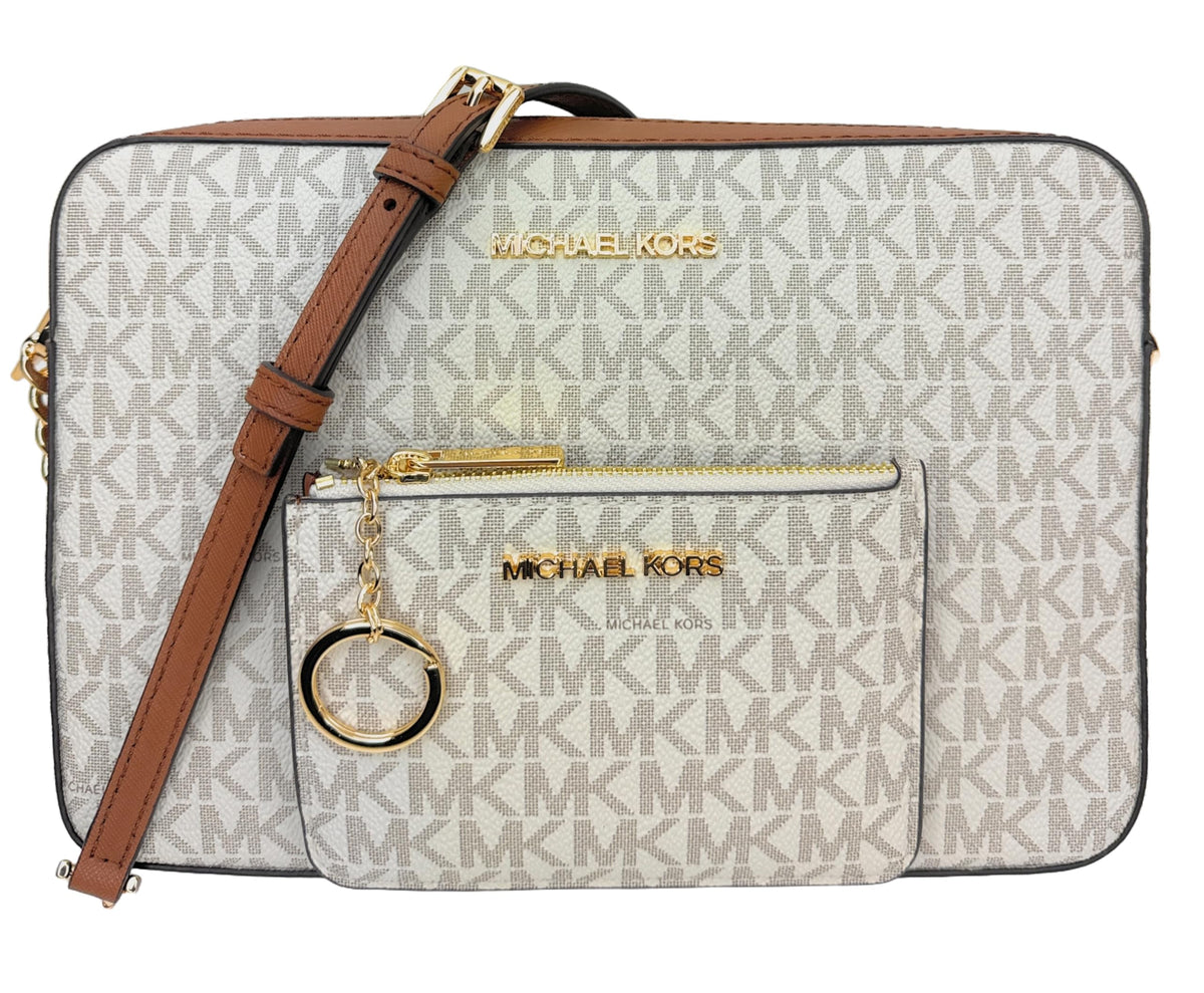 Michael Kors Jet Set Large Printed Logo Crossbody Bag With Matching Logo Coin Pouch (Vanilla)