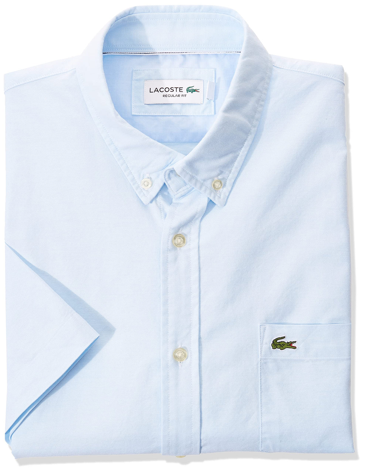 Lacoste Men's Short Sleeve Button Down Oxford Solid Shirt Regular Fit, Lagoon/White, Large