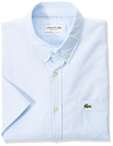 Lacoste Men's Short Sleeve Button Down Oxford Solid Shirt Regular Fit, Lagoon/White, Large
