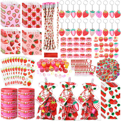 Sayglossy 251 Pcs Strawberry Party Favors Set Includes Gift Bags Pencils Notebook Sharpener Slap Bracelets Rings Keychains Tattoo Stickers Stamper Strawberry Party Favors for Birthday Shower