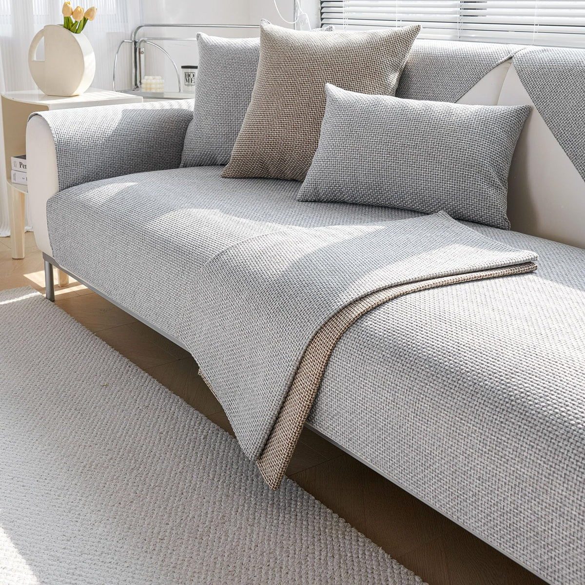 JUNLEBUYI Sofa Cover, Cotton Linen Couch Covers, Universal Sofa Covers 2 Seater / 4 3 1 Seater, L Shape Sofa Cover, Non Slip Sofa Cover, Sofa Slipcovers for Sofa Protector (110×160cm,Light Gray)