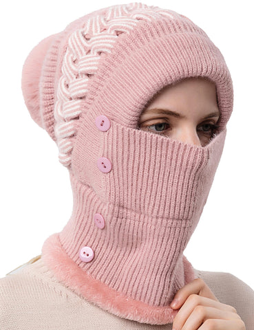 Women Winter Warm Beanie Hats Scarf with Pompom Fleece Lined Knit Cap Balaclavas One-Piece Neck Hat Mask Set