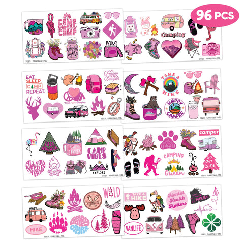 Camping Temporary Tattoos Pink Birthday Party Supplies Favors Decorations for Girls Theme Camp Glamping Smores Hiking Picnic Cute 96PCS Tattoos Stickers for Kids Boys Classroom Rewards Gifts Ideal