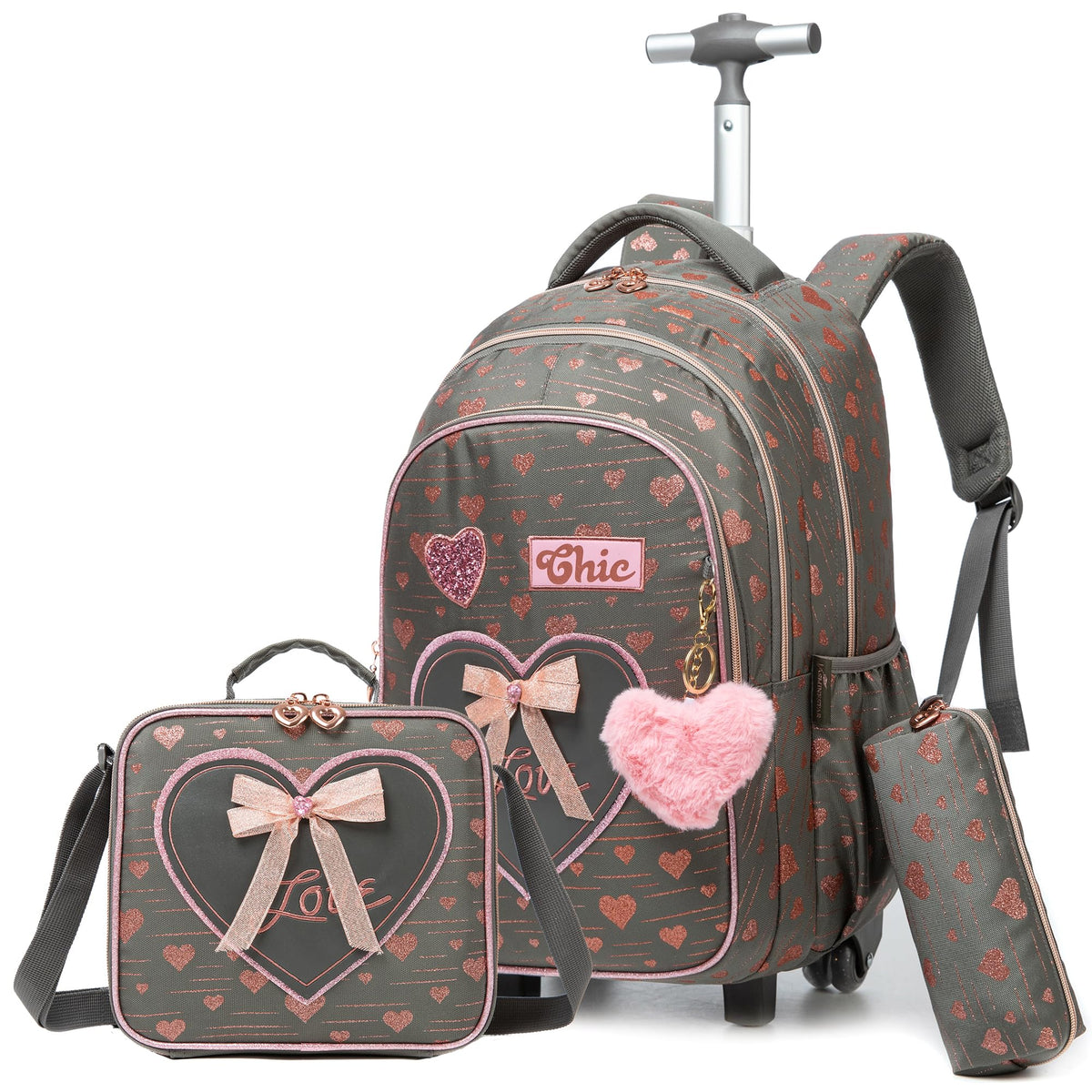 Oruiji Rolling Backpack for Girls Backpack with Wheels Wheeled School Backpack for Girls with Lunch Box Pencil Case Kids Suitcase for Girls 3 in 1 Kids Luggage with Wheels Kids Rolling Suitcase