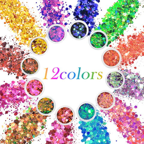 AOOWU Chunky Glitter, 12 Colors Festival Glitter, Nail Glitter Powder, Holographic Cosmetic Glitter for Face Body Eye Hair Nail and DIY Art (A)
