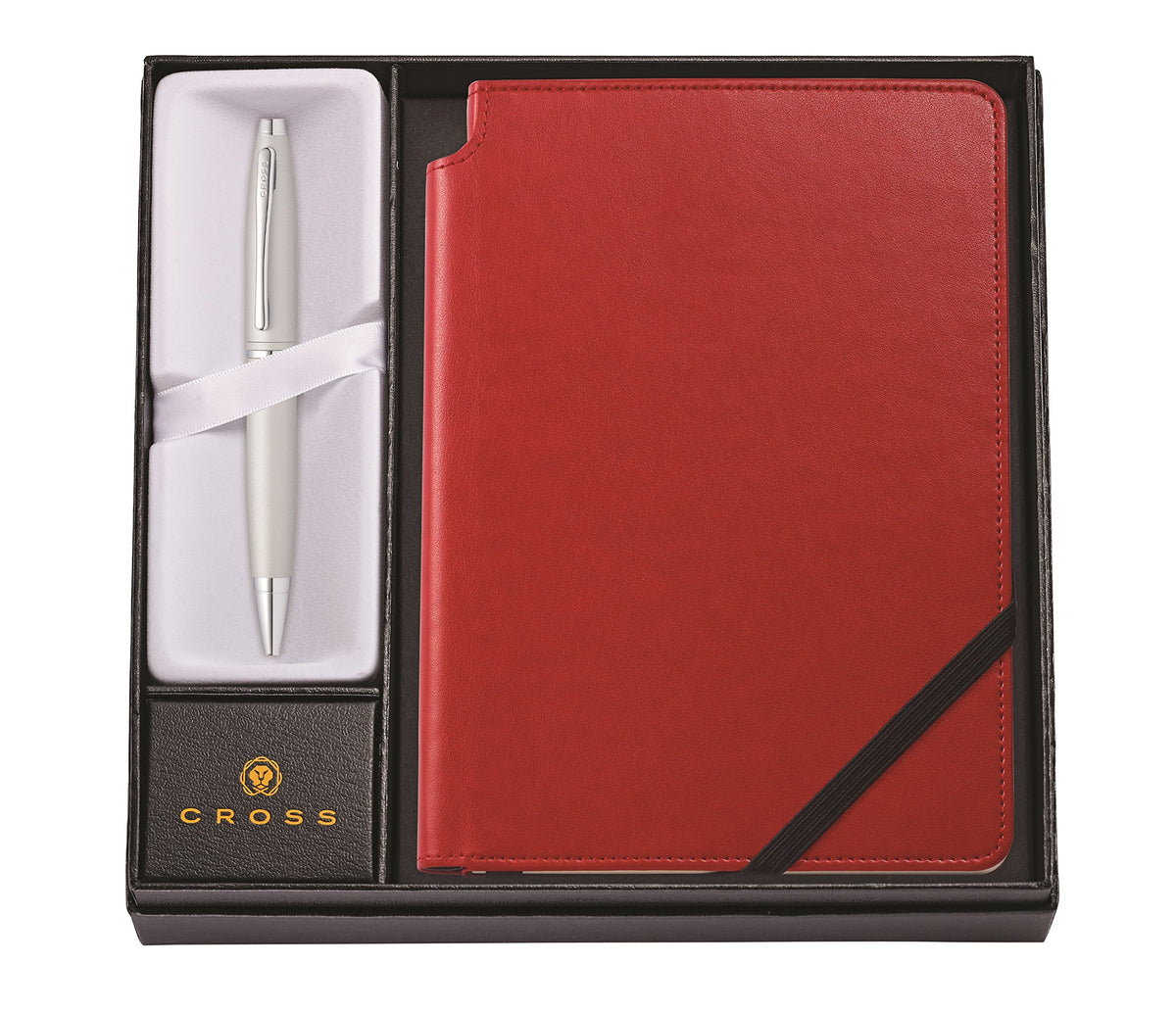 Cross Calais Satin Chrome Refillable Ballpoint Pen and Medium Lined Journal Gift Set, Includes Premium Gift Box - Crimson Red