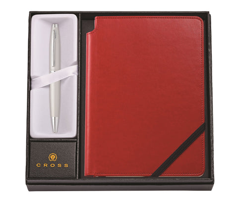 Cross Calais Satin Chrome Refillable Ballpoint Pen and Medium Lined Journal Gift Set, Includes Premium Gift Box - Crimson Red