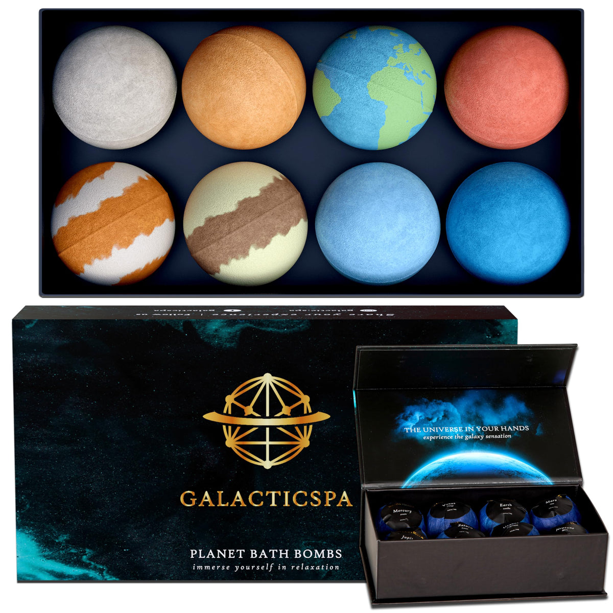 Galacticspa Planet Themed Bath Bombs / 8 x 60g Handmade Luxury Bubble Bath Fizzer Set/Non-Staining, Vegan, Cruelty-Free/Spa Gift for Men, Women and Kids