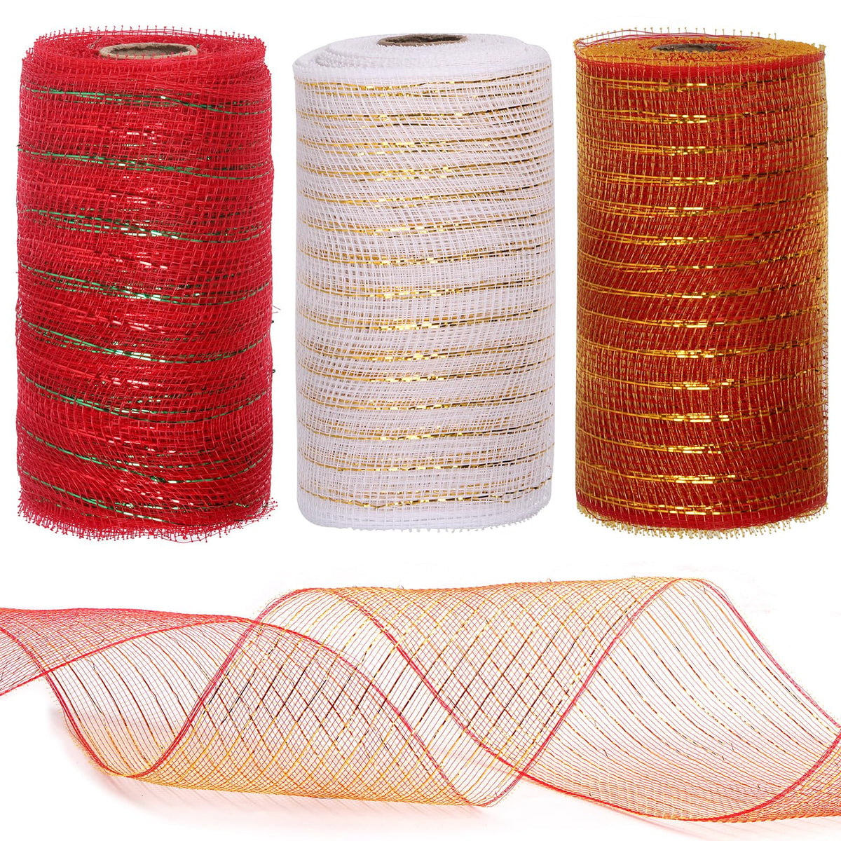 Tanstic 3 Rolls Mesh Ribbon, Christmas Deco Mesh Metallic Foil White Red Green Mesh Ribbon Rolls for Wreaths, Gift Wrapping, Party Decorations (6 Inch x 10 Yards Per Roll)