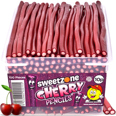 Sweetzone Cherry Pencils, UK British Retro Sweets Tub, 100 pcs, American Halal Gummy Candy Sticks Bulk for Sweet Enthusiasts