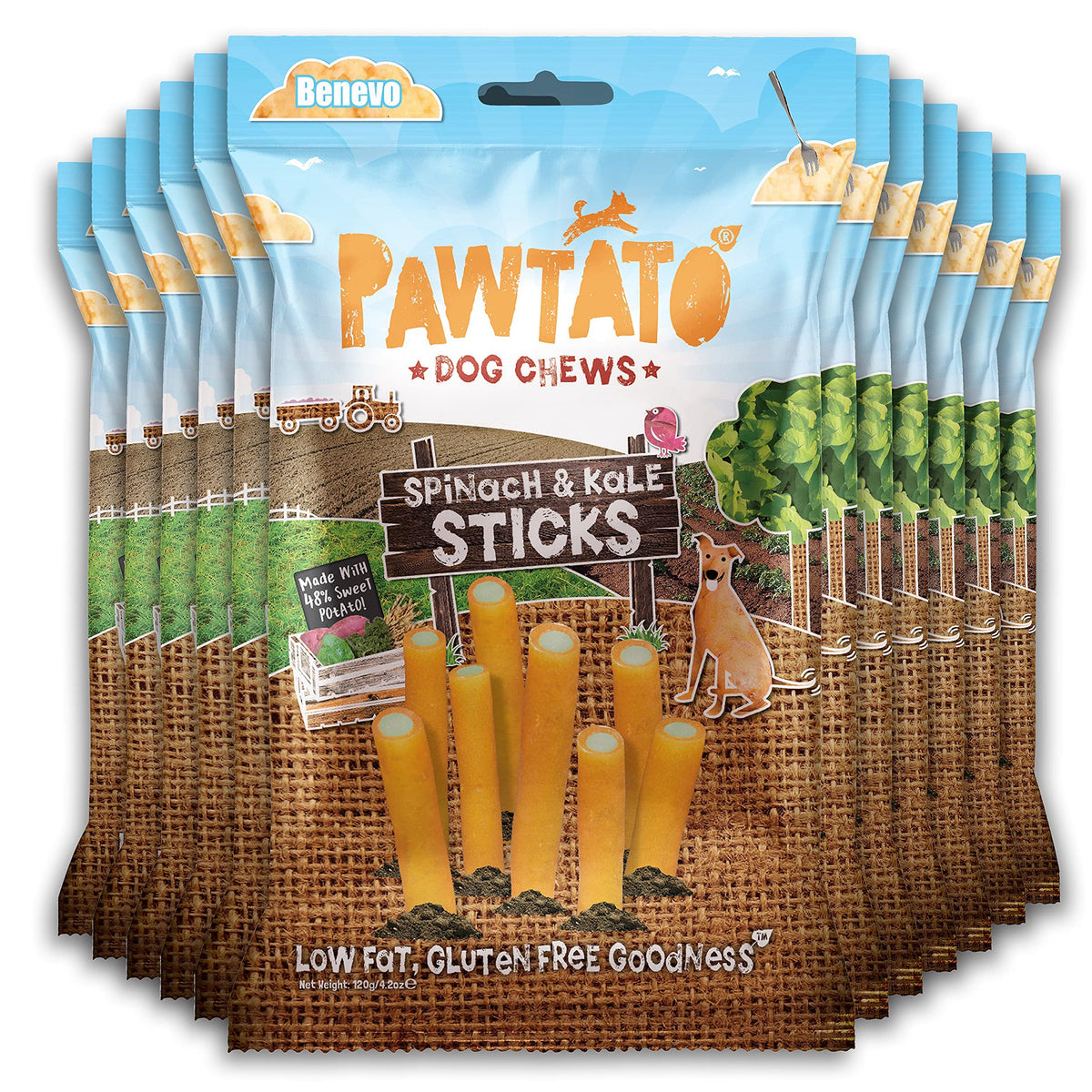 Pawtato Vegan Dog Chews Spinach And Kale Tubes. Natural rawhide alternative dog treat. Low fat, plant based, hypoallergenic, sweet potato and rice chews, 120g (Case x12)