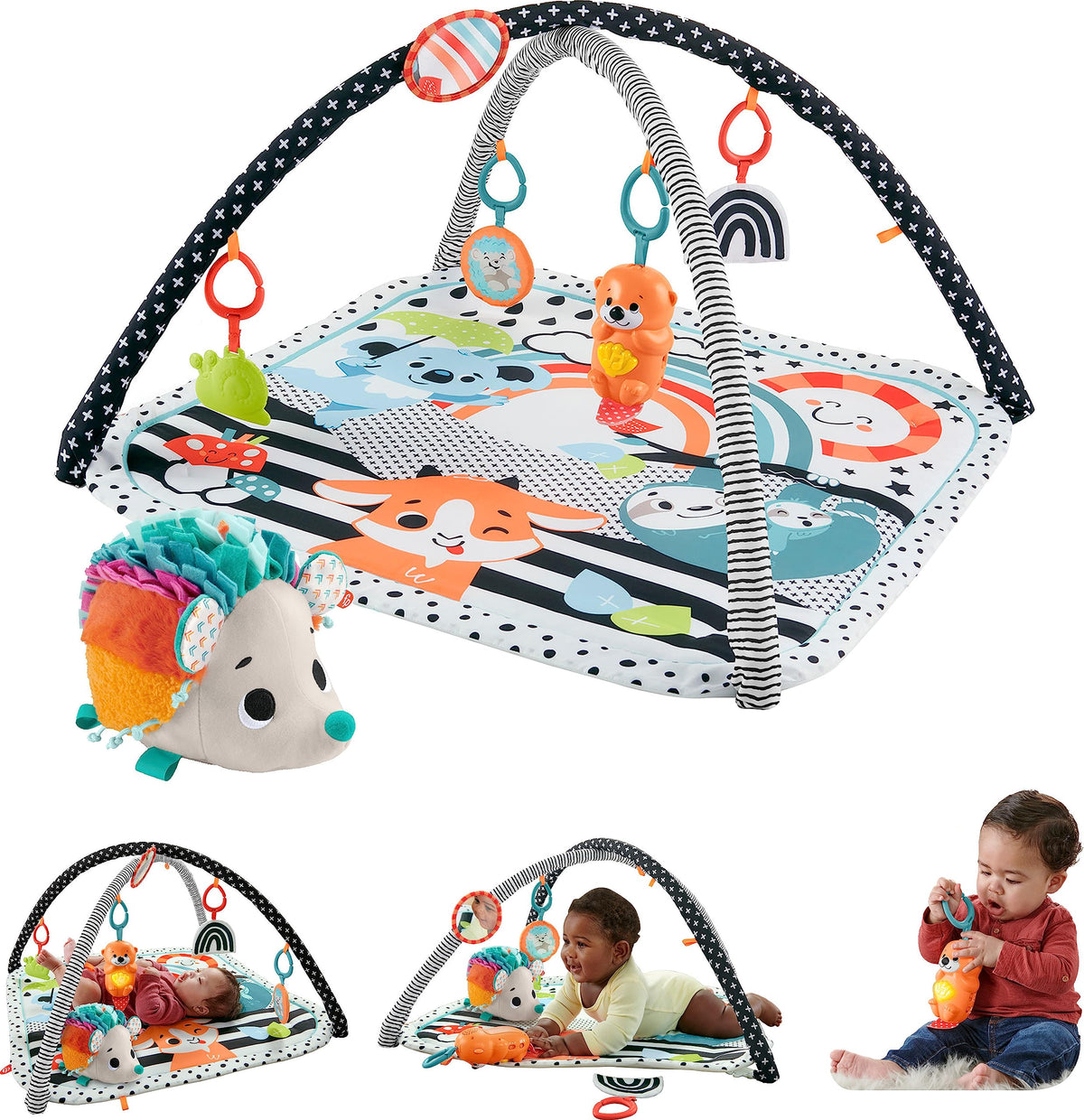 Fisher-Price Baby Gift Set 3-in-1 Music, Glow and Grow Gym & Hedgehog Plush, Playmat with 5 Linkable Toys for Newborn Sensory Play (Amazon Exclusive)