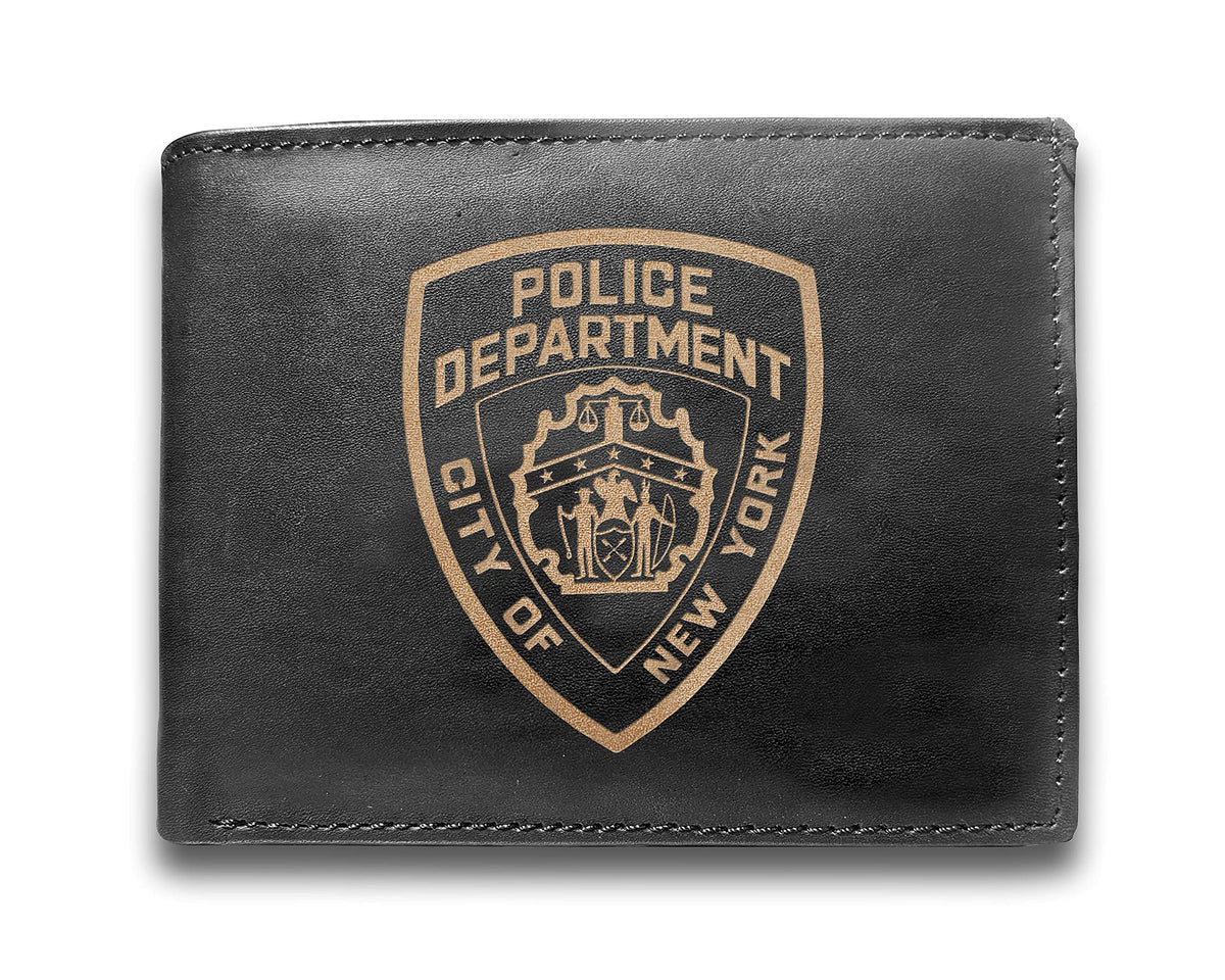 Police Department City Of New York NYPD Genuine Cowhide Leather Laser Engraved Engraving Slimfold Men Large Capacity Luxury Wallet Purse Minimalist Sleek & Slim Black Card Holder Organizer 14 Pockets