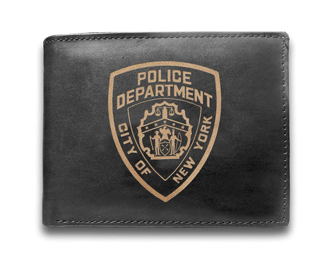 Police Department City Of New York NYPD Genuine Cowhide Leather Laser Engraved Engraving Slimfold Men Large Capacity Luxury Wallet Purse Minimalist Sleek & Slim Black Card Holder Organizer 14 Pockets