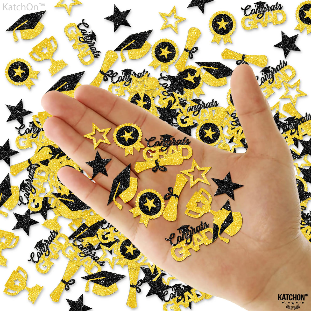 KatchOn, Glitter, Black and Gold Graduation Confetti - Pack of 300 | Congrats Grad Confetti for Graduation Decorations Class of 2024 | Graduation Hat, Star Confetti for Police Graduation Party Decor