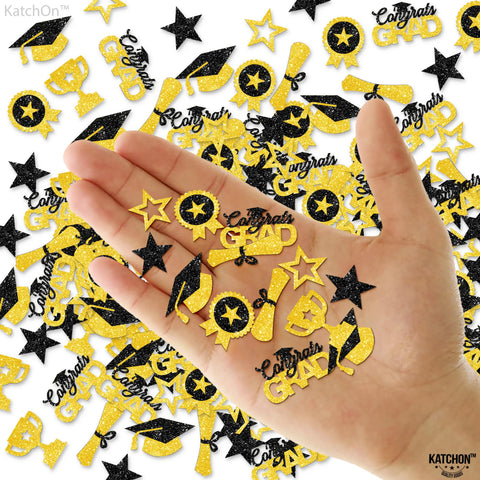 KatchOn, Glitter, Black and Gold Graduation Confetti - Pack of 300 | Congrats Grad Confetti for Graduation Decorations Class of 2024 | Graduation Hat, Star Confetti for Police Graduation Party Decor