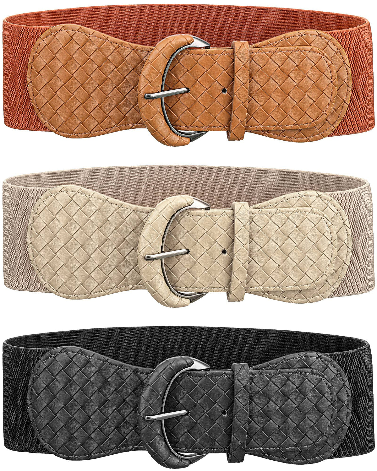 SATINIOR 3 Pieces Women Wide Belt for Dress Women Dress Belt Stretchy Cinch Leather Elastic Belt for Ladies Dress Decoration, Black, Brown, Beige With Plaid, S