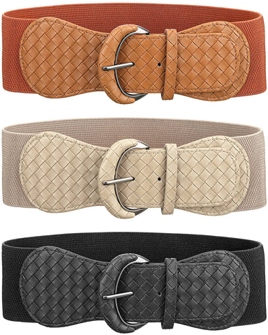 SATINIOR 3 Pieces Women Wide Belt for Dress Women Dress Belt Stretchy Cinch Leather Elastic Belt for Ladies Dress Decoration, Black, Brown, Beige With Plaid, S