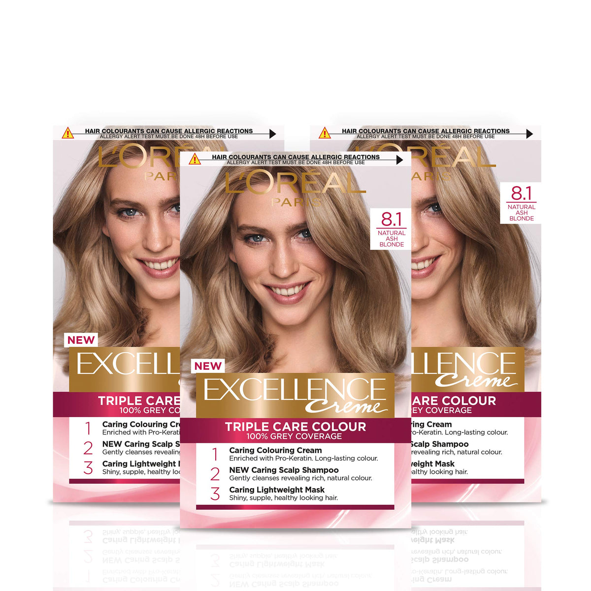LOrÃƒÆ’Ã†â€™Ãƒâ€šÃ‚Â©al Paris Excellence CrÃƒÆ’Ã†â€™Ãƒâ€šÃ‚Â¨me Permanent Hair Dye, Radiant At-Home Hair Colour with up to 100% Grey Coverage, Pro-Keratin, Up to 8 Weeks of Colour, Pack of 3, Colour: 8.1 Natural Ash Blonde