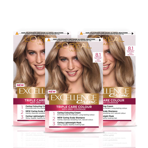 LOrÃƒÆ’Ã†â€™Ãƒâ€šÃ‚Â©al Paris Excellence CrÃƒÆ’Ã†â€™Ãƒâ€šÃ‚Â¨me Permanent Hair Dye, Radiant At-Home Hair Colour with up to 100% Grey Coverage, Pro-Keratin, Up to 8 Weeks of Colour, Pack of 3, Colour: 8.1 Natural Ash Blonde
