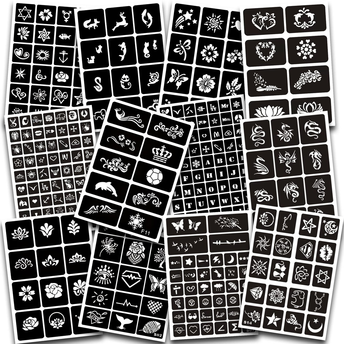 12 Sheets Henna Tattoo Stencils Kit Reusable for Women Girls and Kids, 300+ PCS Tattoo Templates,Temporary Indian Arabian Glitter Airbrush Tattoo Stencils for Face Body Paint DIY