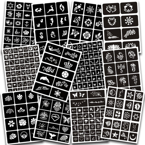 12 Sheets Henna Tattoo Stencils Kit Reusable for Women Girls and Kids, 300+ PCS Tattoo Templates,Temporary Indian Arabian Glitter Airbrush Tattoo Stencils for Face Body Paint DIY