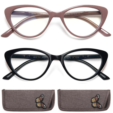 EYEURL Cat Eye Reading Glasses for Women - 2 Pack Blue Light Blocking Computer Readers 2.00 Spring Hinge Anti Glare/UV Ray Eyeglasses
