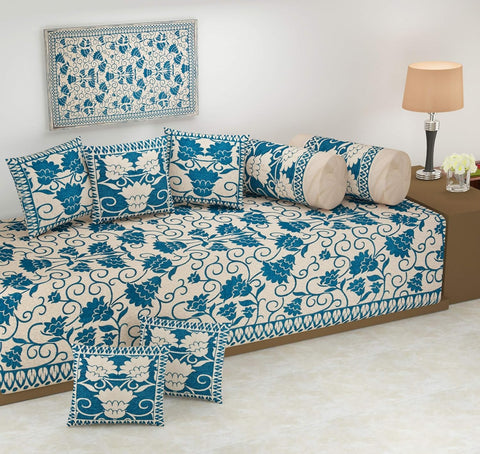 FRESH FROM LOOM Reversable Diwan Set (You can Used This from Both Side), 500 TC, Velvet Chenille Fabric, Diwan Set - 8pc (Aqua)