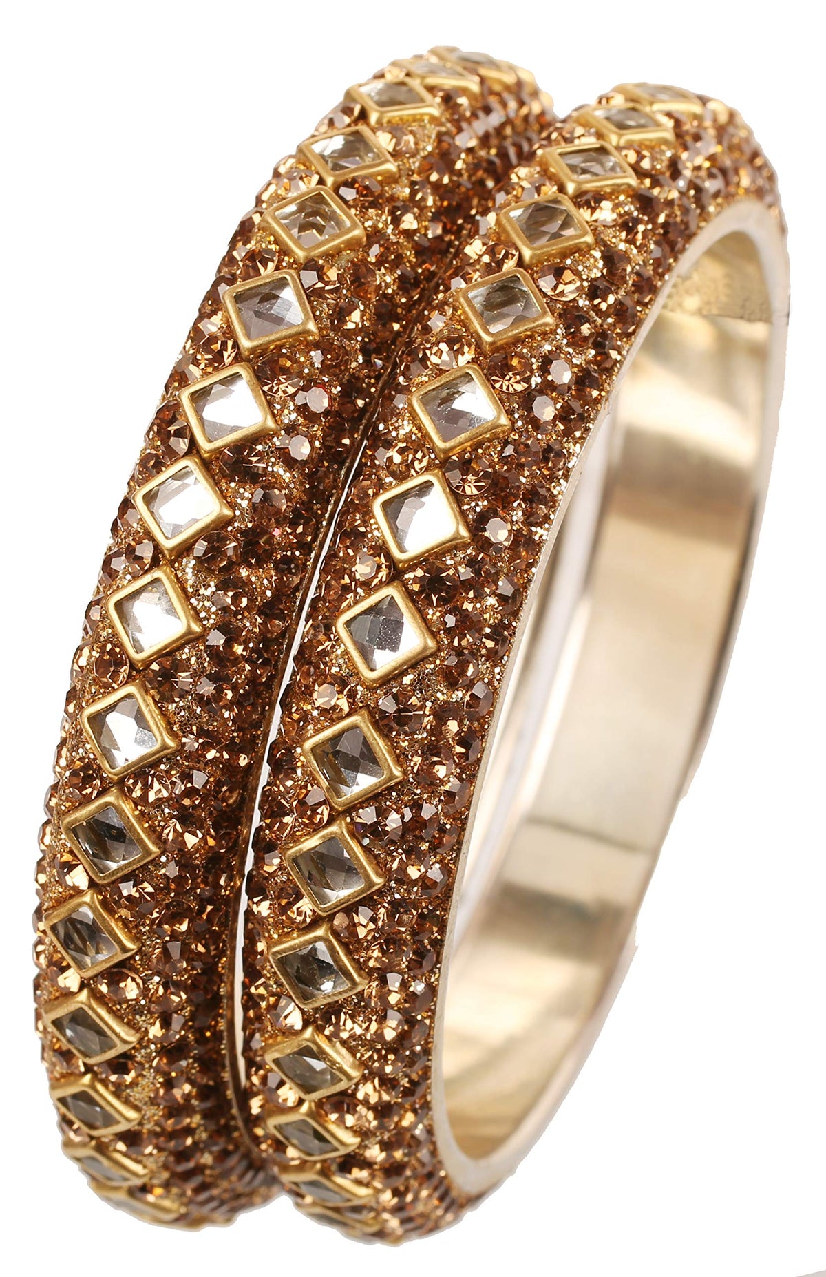 Touchstone "Golden Bangle Collection" Square Shape Faceted Kundan Look Yellow Faux Citrine Indian Bollywood Designer Jewelry Metal Bangle Bracelets In Antique Gold Tone For Women. Set of 2
