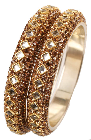 Touchstone "Golden Bangle Collection" Square Shape Faceted Kundan Look Yellow Faux Citrine Indian Bollywood Designer Jewelry Metal Bangle Bracelets In Antique Gold Tone For Women. Set of 2