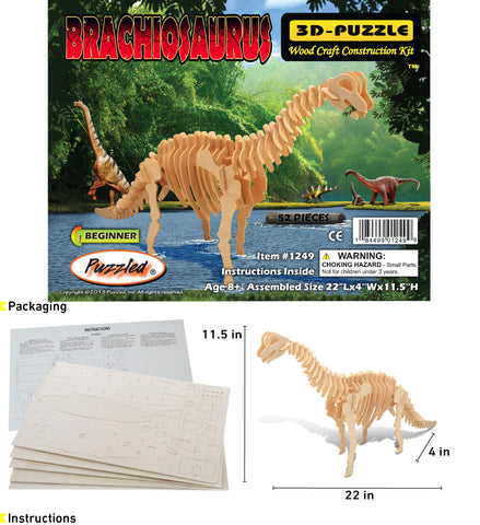 Puzzled 3D Puzzle Brachiosaurus Dinosaur Wood Craft Construction Model Kit Educational DIY Wooden Dino Toy Assemble Model Unfinished Crafting Hobby Puzzle 52pc Pack