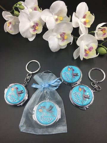 12 New Baby Shower Blue Boy Stork Design Mirror Keychain Party Favor Set With Organza Bag