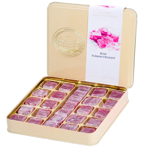 Rose Turkish Delight Flavour Lokum, Dessert Gourmet Gift Box Tin, 500g, Approx 26 Pieces, Chateau De Mediterranean