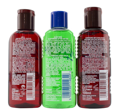 Malibu Sun Fast Tanning Travel Essentials, SPF 4 Bronzing and Beta Carotene Oil, Soothing Aloe Vera After Sun Gel, Water Resistant, Tropical Coconut Fragrance, Multipack, 3 x 100ml