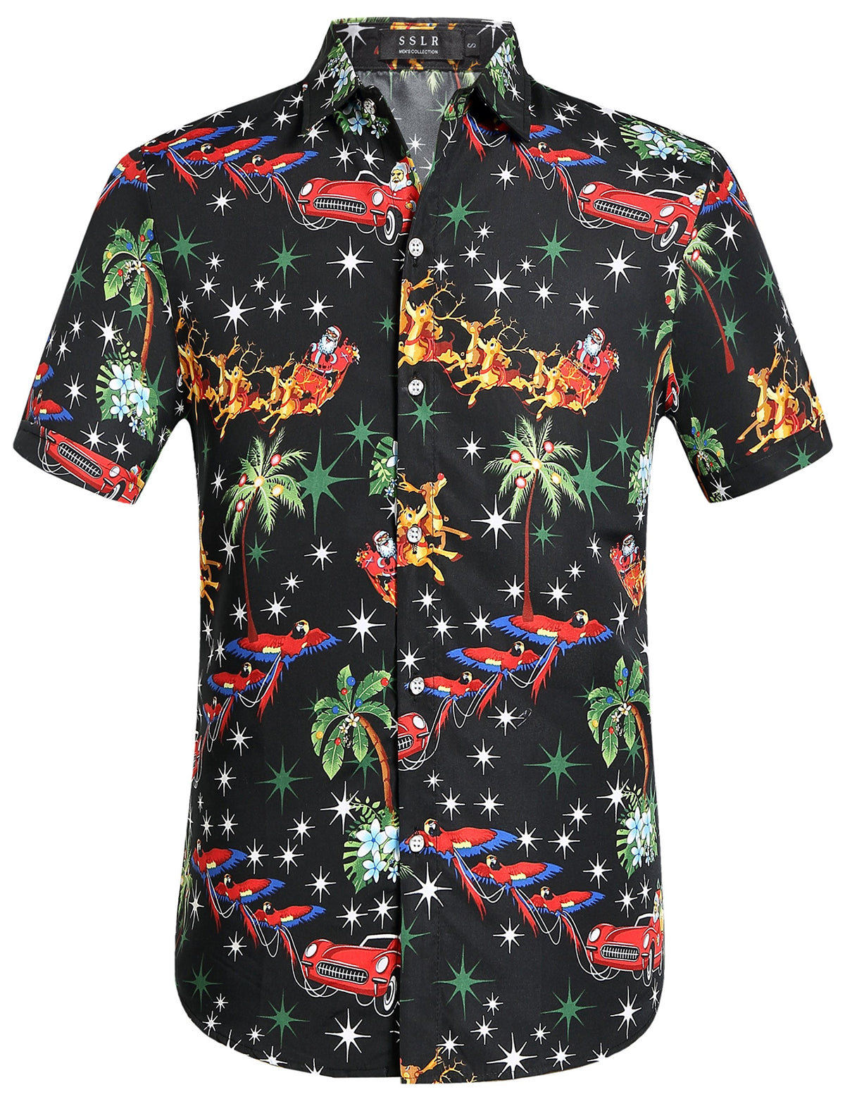 SSLR Men's Christmas Button Down Casual Short Sleeve Hawaiian Aloha Shirt (Large, Black)