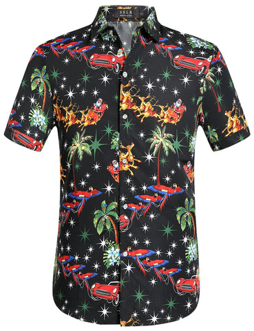 SSLR Men's Christmas Button Down Casual Short Sleeve Hawaiian Aloha Shirt (Large, Black)
