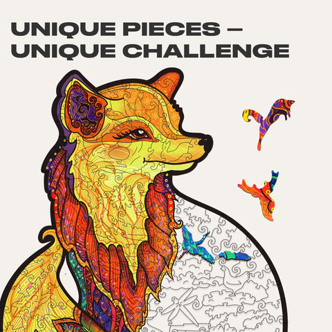 UNIDRAGON Wooden Jigsaw Puzzles - Alluring Fox, 195 pcs, Medium 9.8"x13", Beautiful Gift Package, Unique Shape Best Gift for Adults and Kids