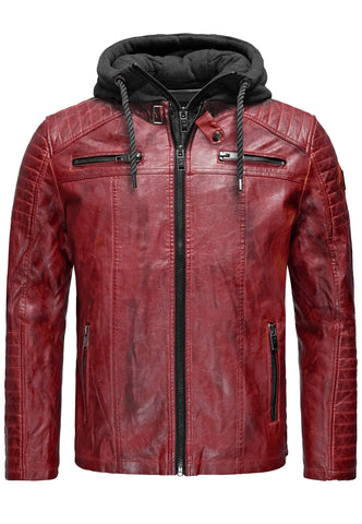 RED BRIDGE Men's Faux Lether Jacket Transition Biker Jacket with Hooded Modern 2in1 (L, Dirtyred)