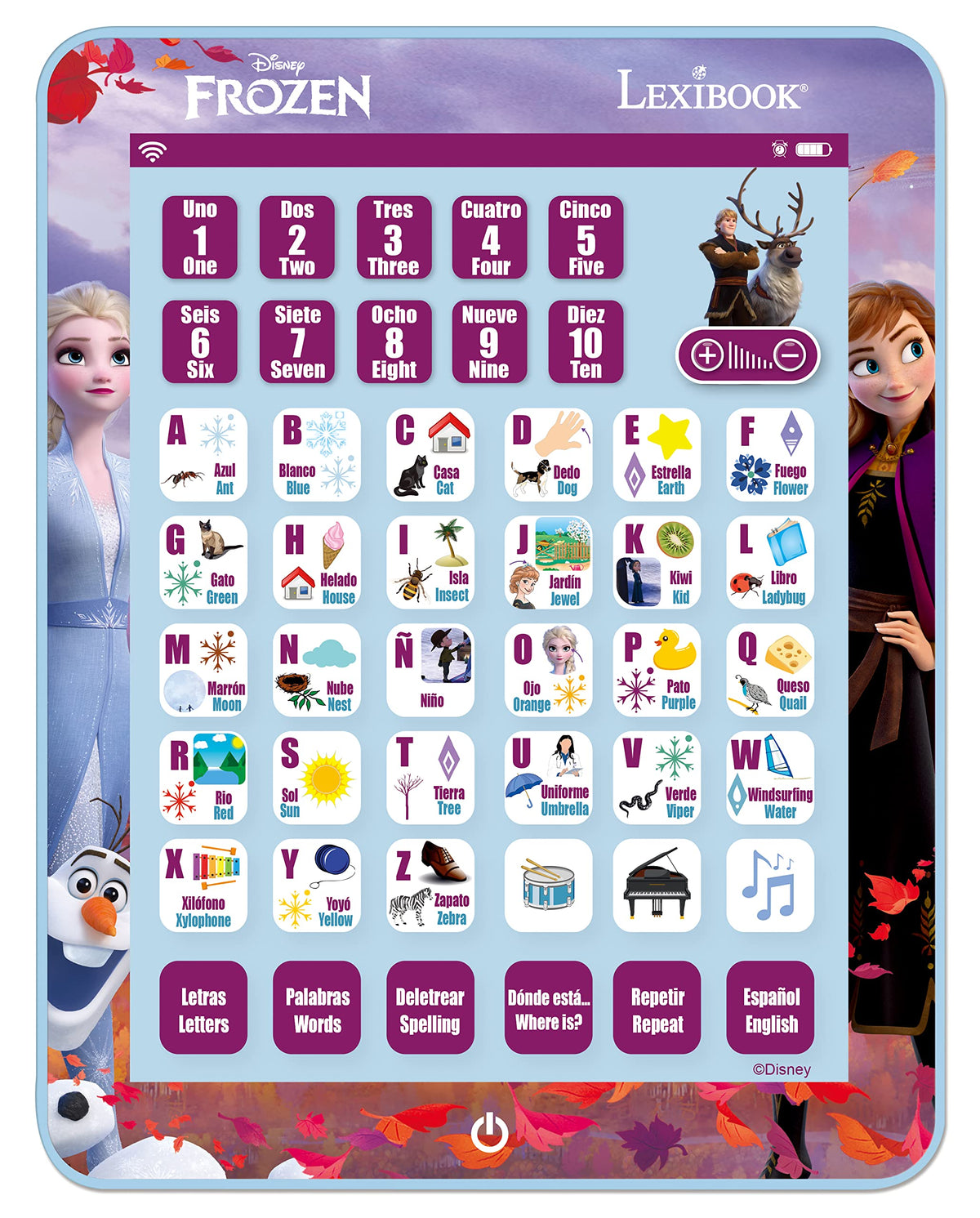 LEXiBOOK Disney Frozen, Educational Bilingual Learning Tablet, Learn Letters Numbers Words Spelling and Music, English/Spanish Languages, Blue, JCPAD002FZi2