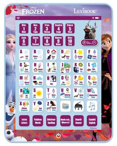 LEXiBOOK Disney Frozen, Educational Bilingual Learning Tablet, Learn Letters Numbers Words Spelling and Music, English/Spanish Languages, Blue, JCPAD002FZi2