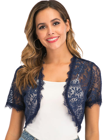 Enjoyoself Womens Shrugs Lightweight Lace Short Sleeve Open Front Bolero Cardigan Cover Up Crochet Short Coat Navy Blue